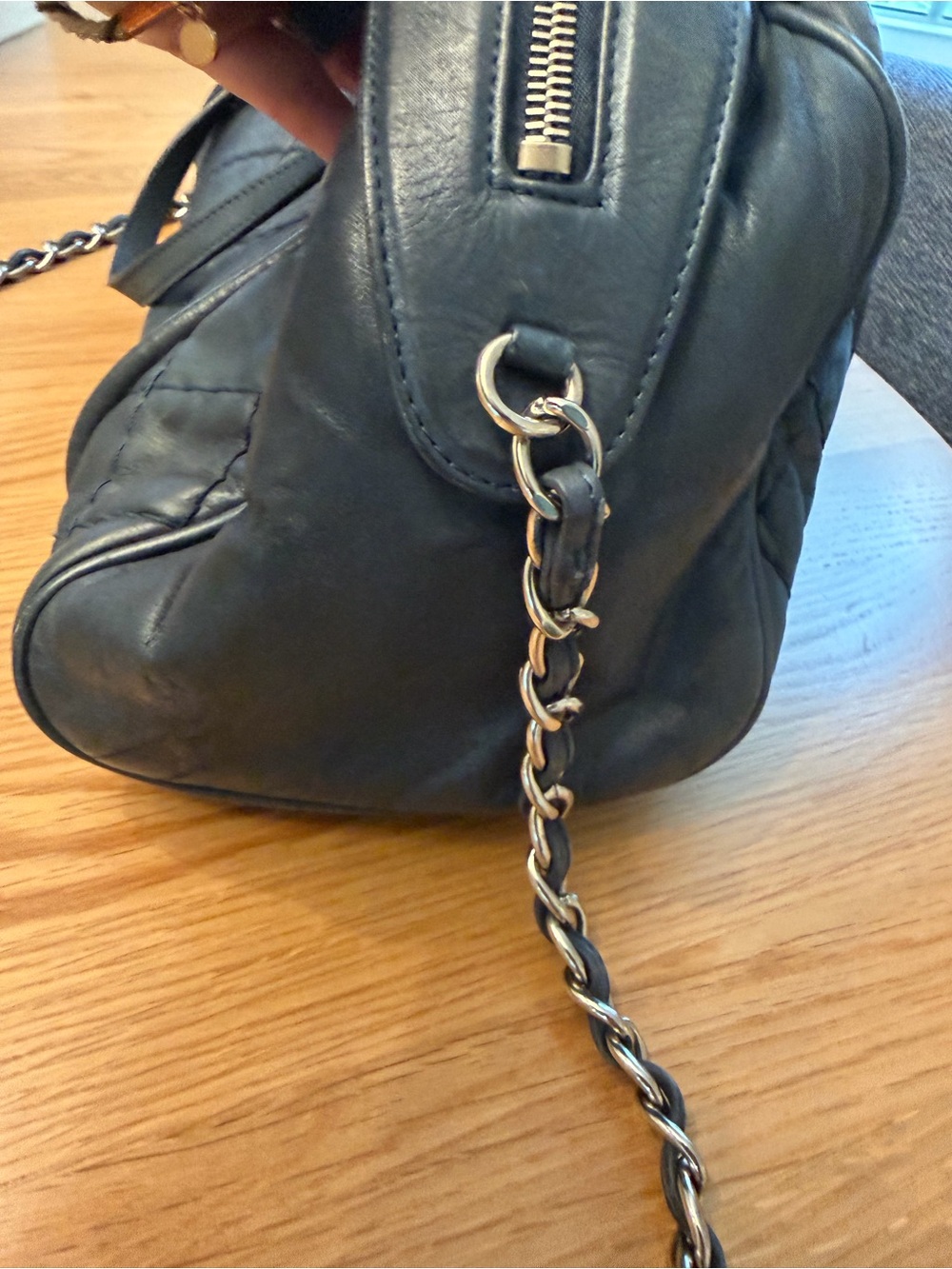 CHANEL Blue Diamond Quilted Leather Bowling Satchel with Chain Strap - Picture 8 of 16